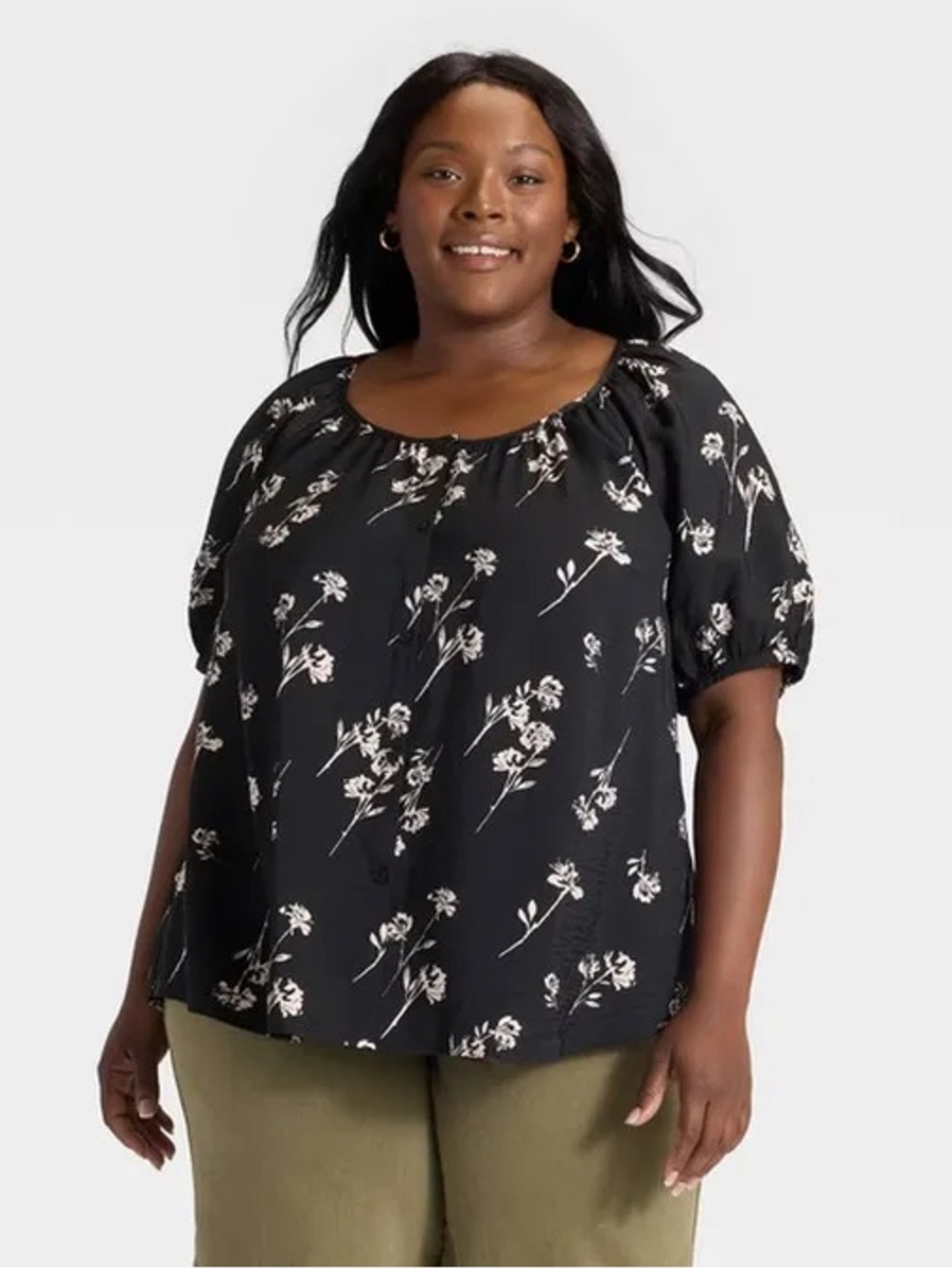 Plus Size Black Floral Short-Sleeve Peasant Top Ava & Viv Var Sizes NWT